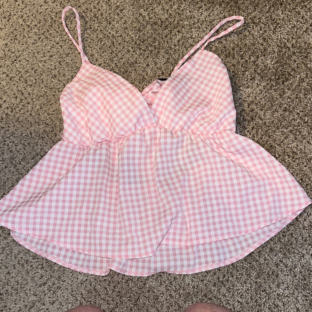 Pink Gingham Peplum Cami Top